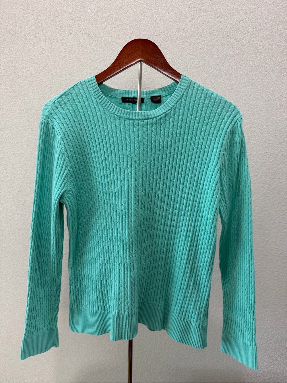 Jeanne Pierre Vintage 100% Cotton Cable Knit Crewneck Sweater Mint Green Size L
